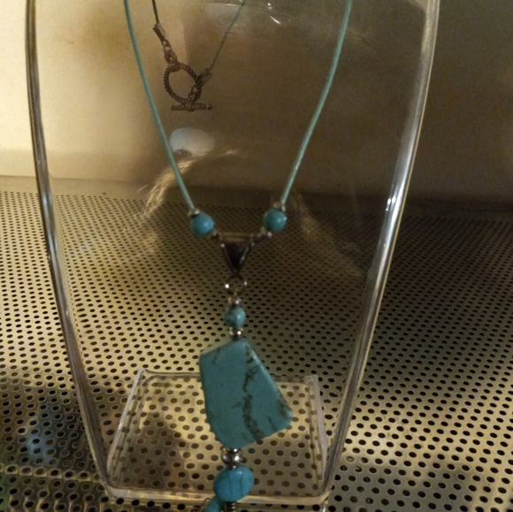 Turquoise leather 18 inch cording necklace with natural  stone - Picture 3 of 4